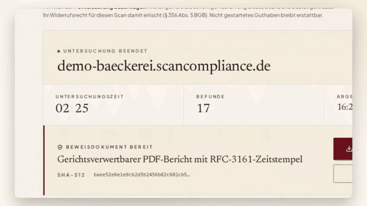 Ergebnisseite eines Scans: Untersuchungszeit, 17 Befunde und das Beweisdokument mit RFC-3161-Zeitstempel