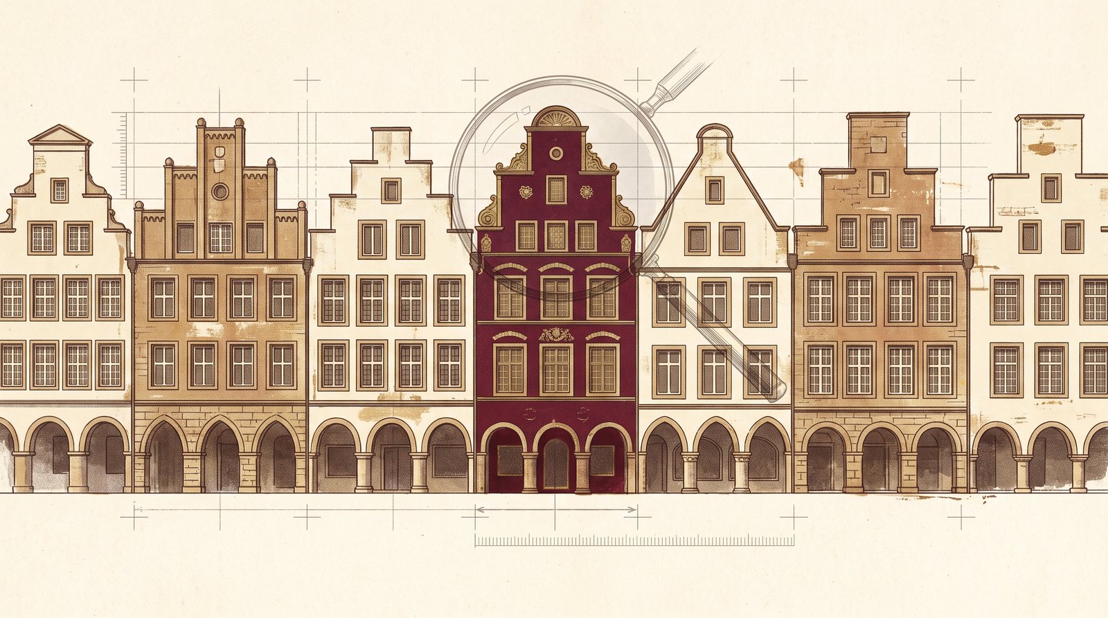 Illustration: Giebelfassaden des Münsteraner Prinzipalmarkts unter einer Prüf-Lupe